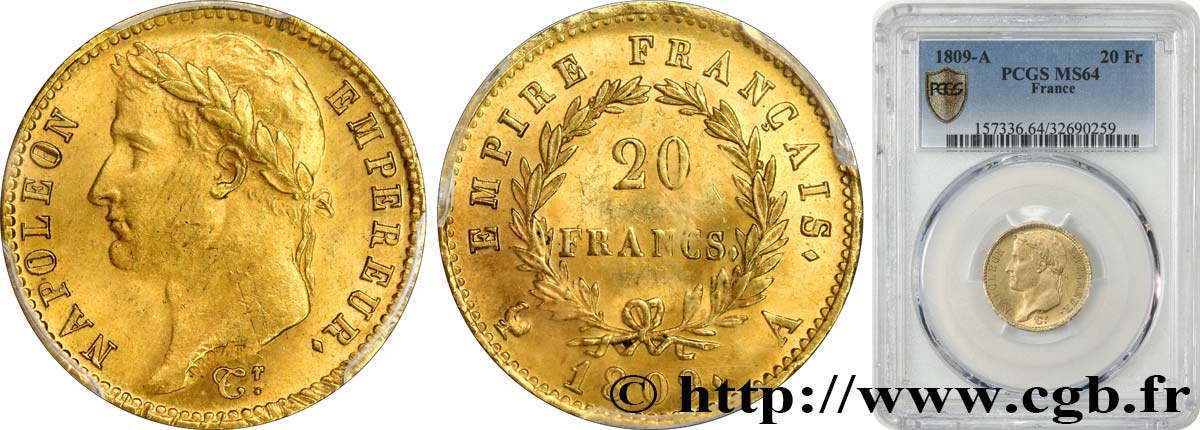 20 francs or Napoléon tête laurée, Empire français 1809 Paris F.516/1 SC64 PCGS