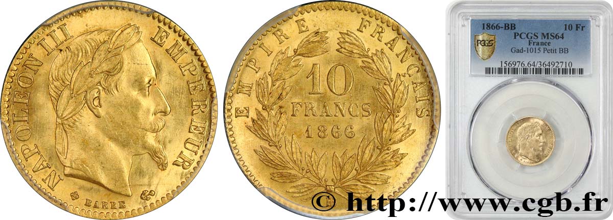 10 francs or Napoléon III, tête laurée 1866 Strasbourg F.507A/13 fST64 PCGS
