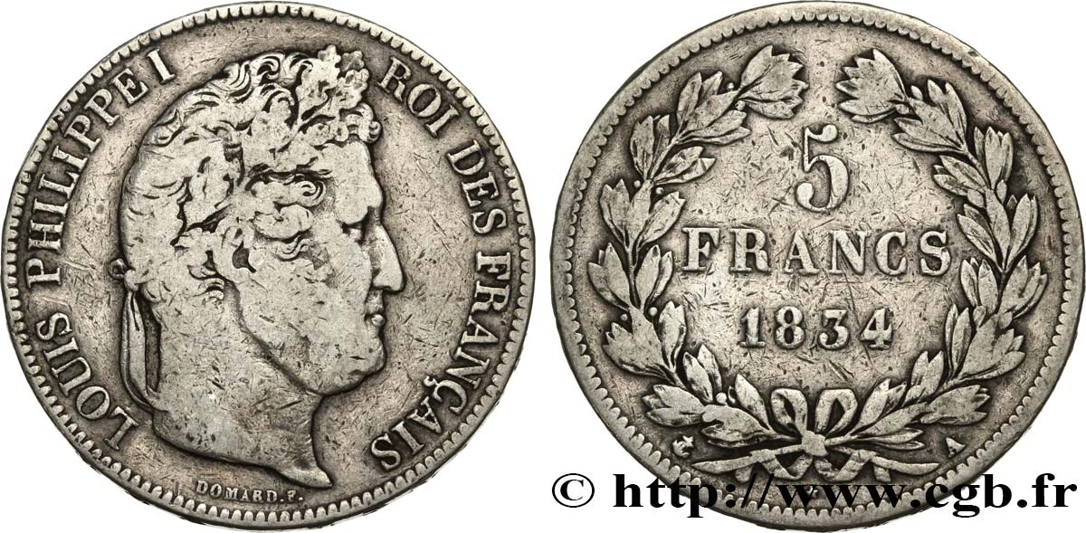 5 francs IIe type Domard 1834 Paris F.324/29 VF 