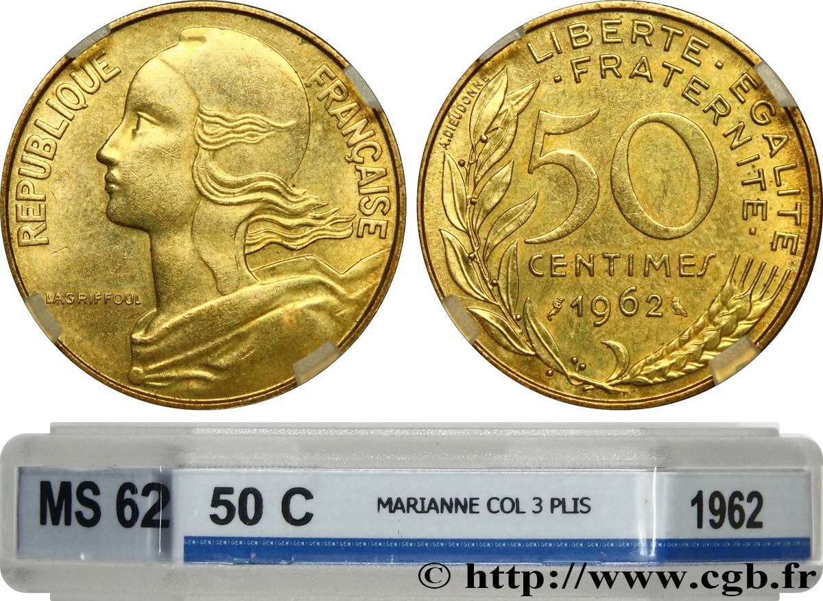 50 centimes Marianne, col à trois plis 1962 Paris F.197/2 MS62 GENI