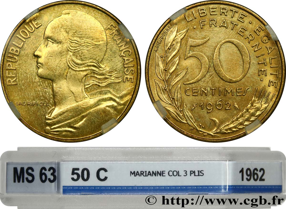 50 centimes Marianne, col à trois plis 1962 Paris F.197/2 MS63 GENI