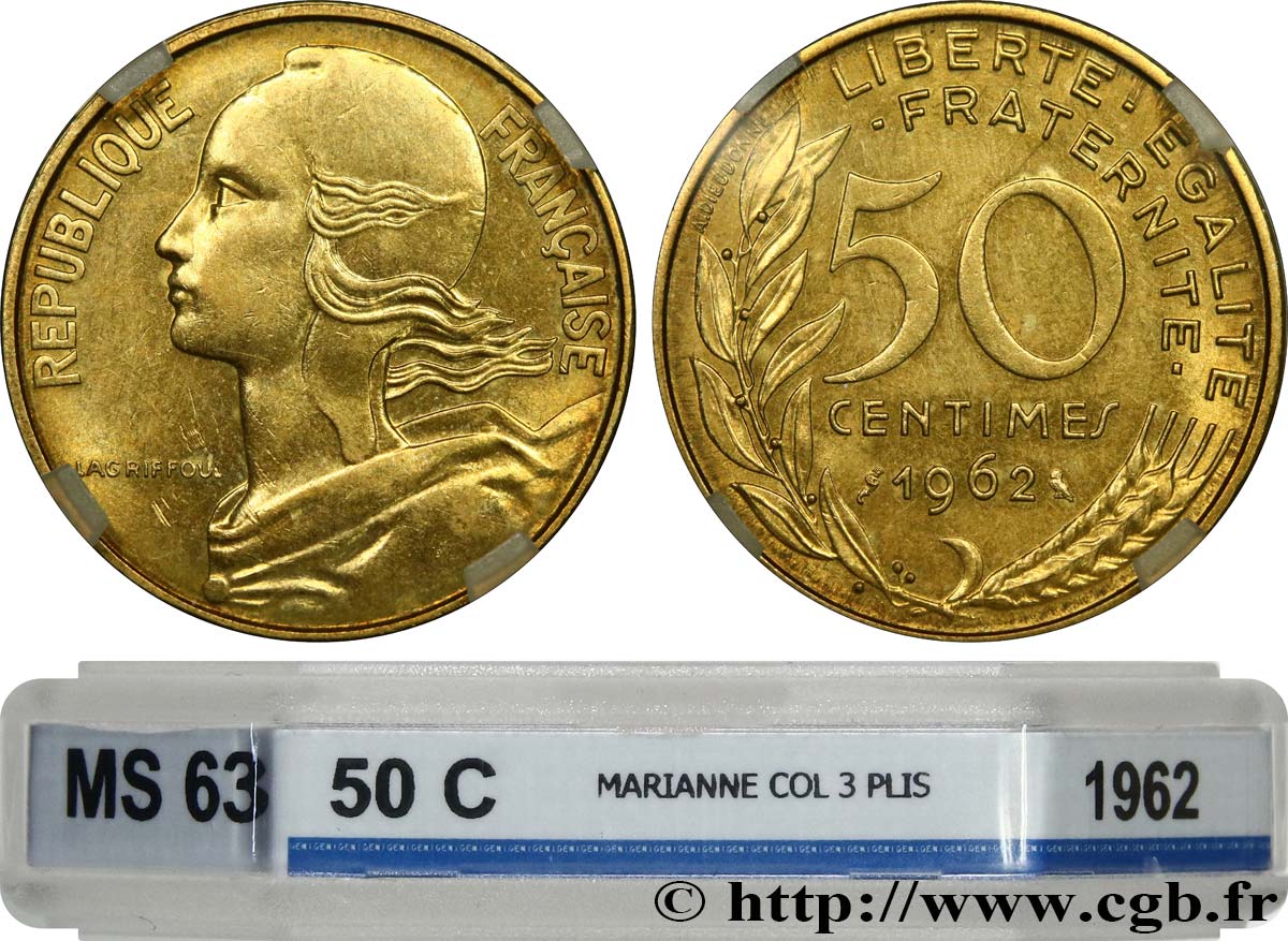 50 centimes Marianne, col à trois plis 1962 Paris F.197/2 MS63 GENI