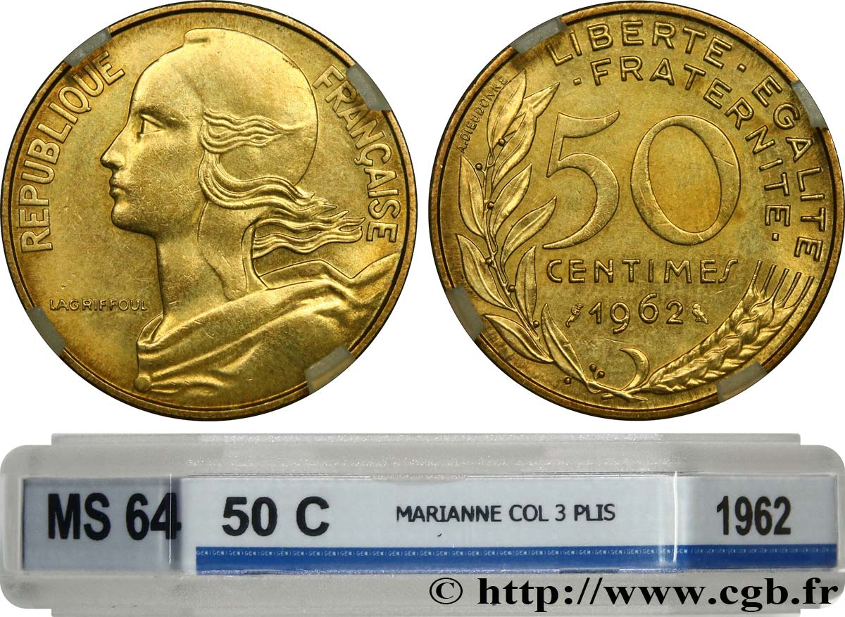 50 centimes Marianne, col à trois plis 1962 Paris F.197/2 MS64 GENI