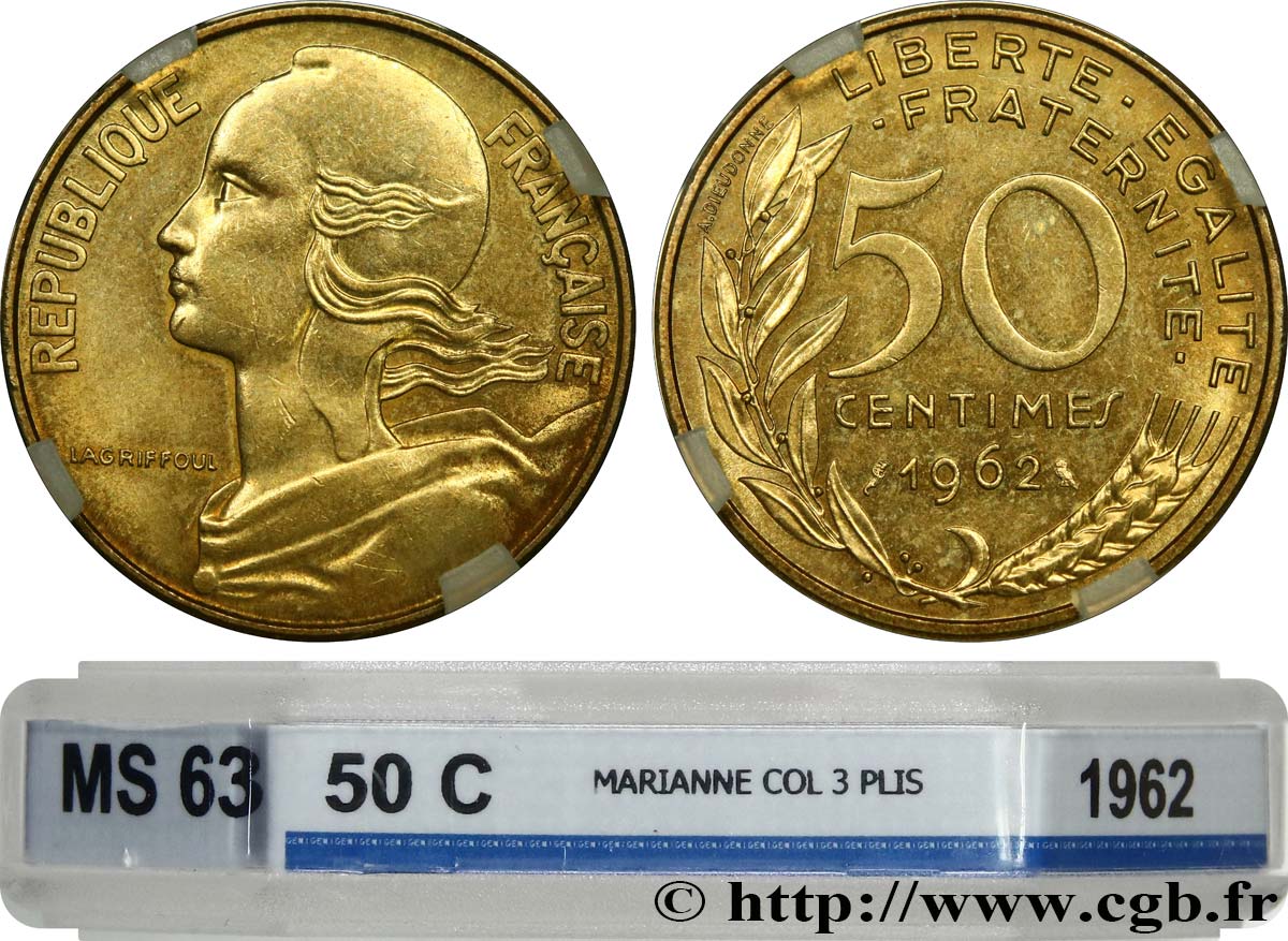 50 centimes Marianne, col à trois plis 1962 Paris F.197/2 SPL63 GENI