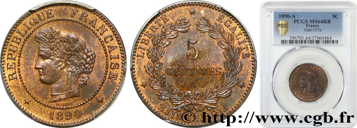 5 centimes Cérès 1890 Paris F.118/32 SPL64 PCGS