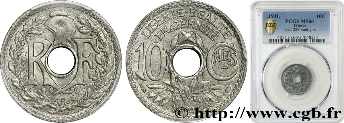 10 centimes Lindauer en zinc, Cmes souligné et millésime avec points 1941  F.140/2 MS66 PCGS