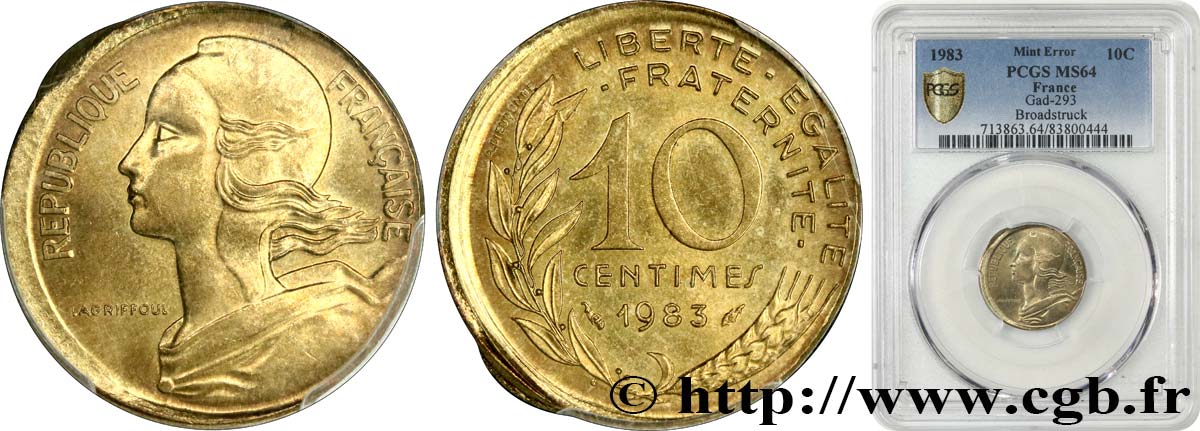 10 centimes Marianne, Fautée frappe décentrée 1983 Pessac F.144/23 fST64 PCGS