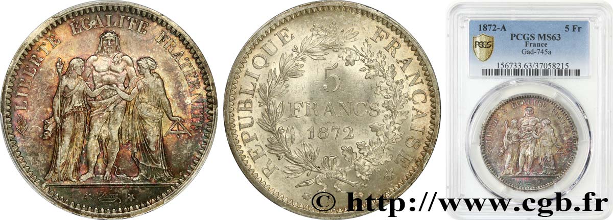 5 francs Hercule 1872 Paris F.334/6 SC63 PCGS