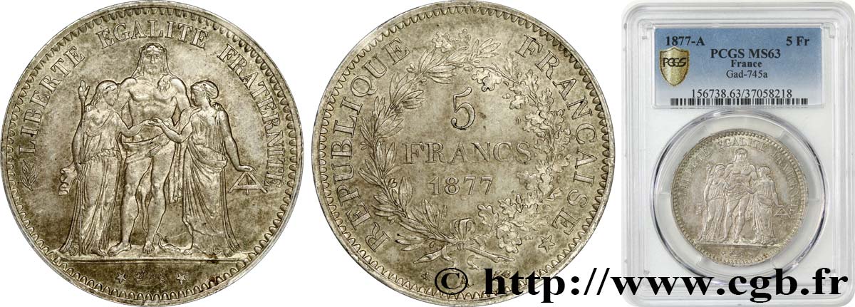 5 francs Hercule 1877 Paris F.334/19 SPL63 PCGS