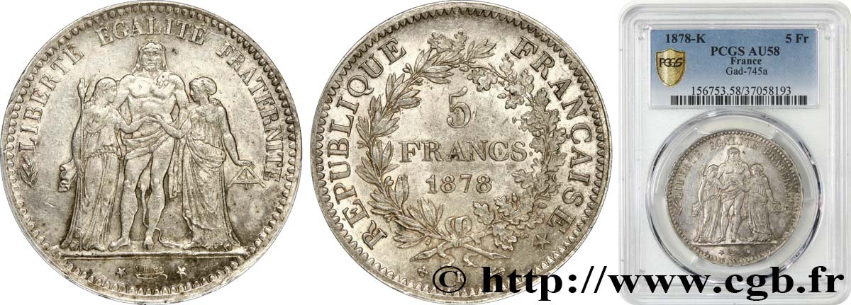 5 francs Hercule 1878 Bordeaux F.334/23 SUP58 PCGS