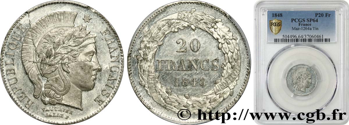 Concours de 20 francs, essai en étain de Vauthier-Galle 1848 Paris VG.3038 var MS64 PCGS