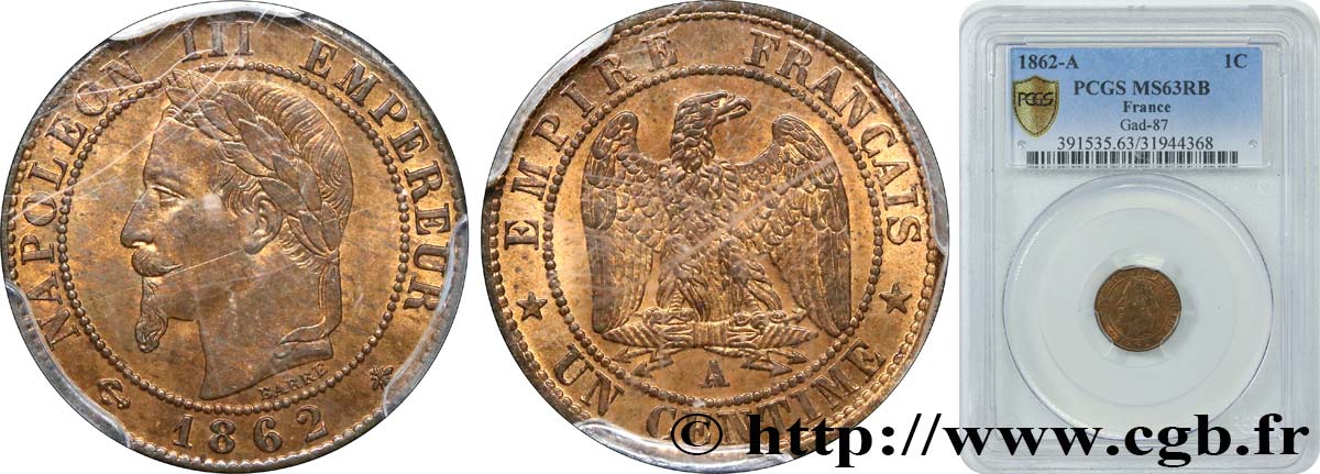 Un centime Napoléon III, tête laurée 1862 Paris F.103/4 MS63 PCGS