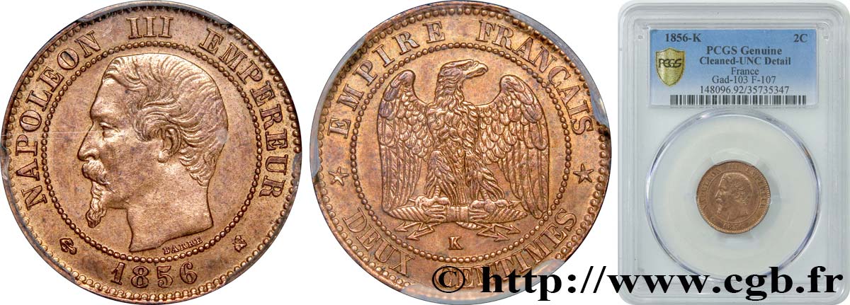 Deux centimes Napoléon III, tête nue 1856 Bordeaux F.107/41 SPL PCGS