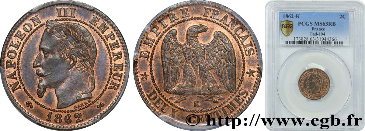 Deux centimes Napoléon III, tête laurée 1862 Bordeaux F.108A/7 fST63 PCGS