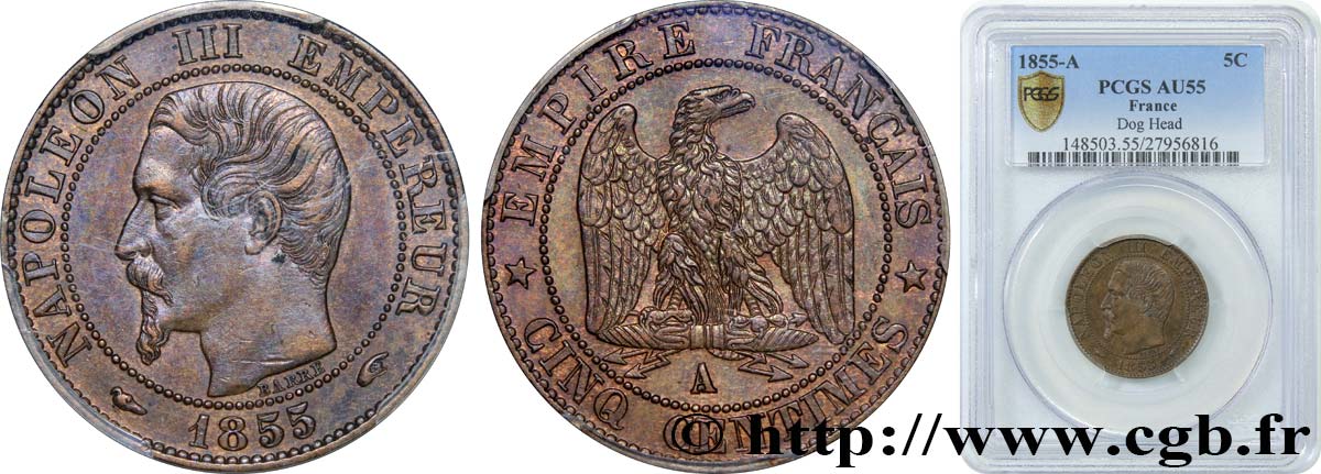 Cinq centimes Napoléon III, tête nue 1855 Paris F.116/16 AU55 PCGS