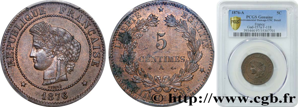 5 centimes Cérès 1876 Paris F.118/13 VZ+ PCGS