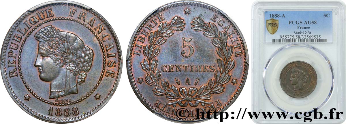 5 centimes Cérès 1888 Paris F.118/30 SUP58 PCGS