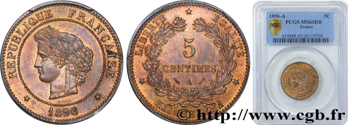 5 centimes Cérès 1896 Paris F.118/37 fST63 PCGS