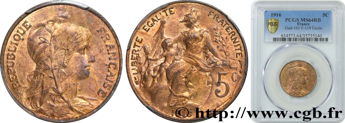 5 centimes Daniel-Dupuis 1916  F.119/29 SPL64 PCGS