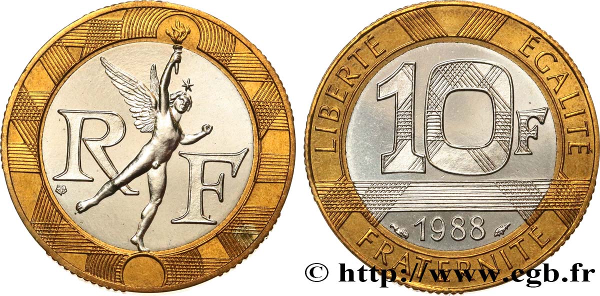 10 francs Génie de la Bastille, Brillant Universel 1988 Pessac F.375/2 ST 