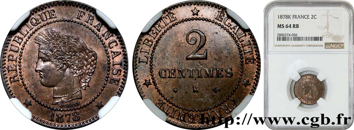 2 centimes Cérès 1878 Bordeaux F.109/4 MS64 NGC