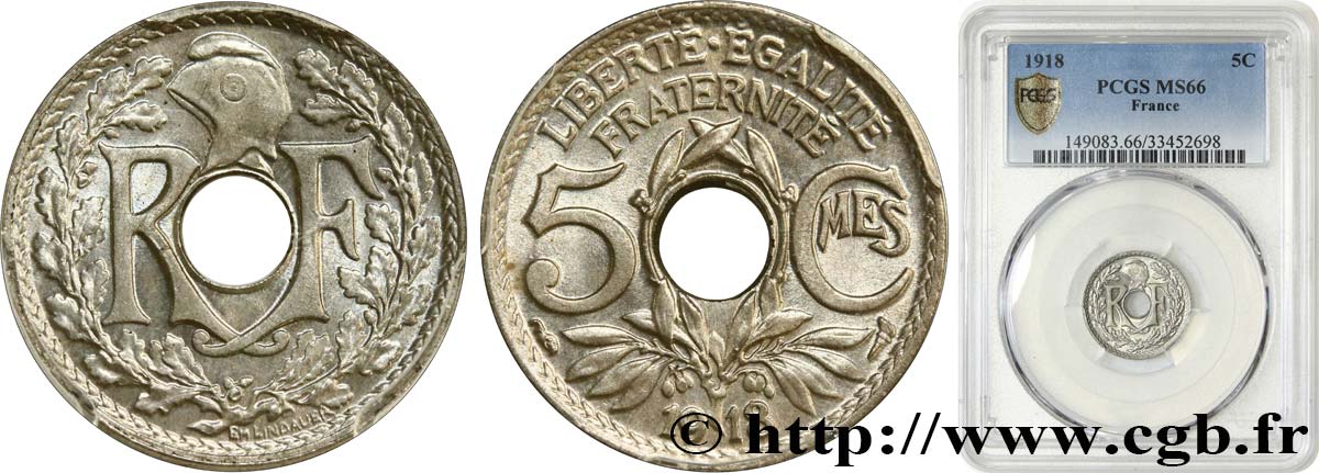 5 centimes Lindauer, grand module 1918 Paris F.121/2 MS66 PCGS