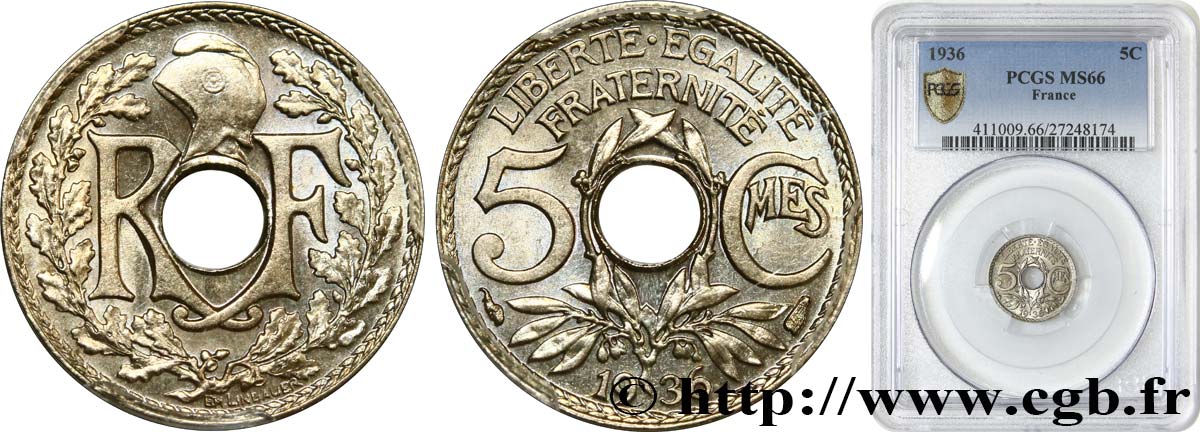 5 centimes Lindauer, petit module 1936  F.122/19 ST66 PCGS