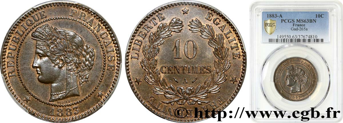 10 centimes Cérès 1883 Paris F.135/27 SC63 PCGS