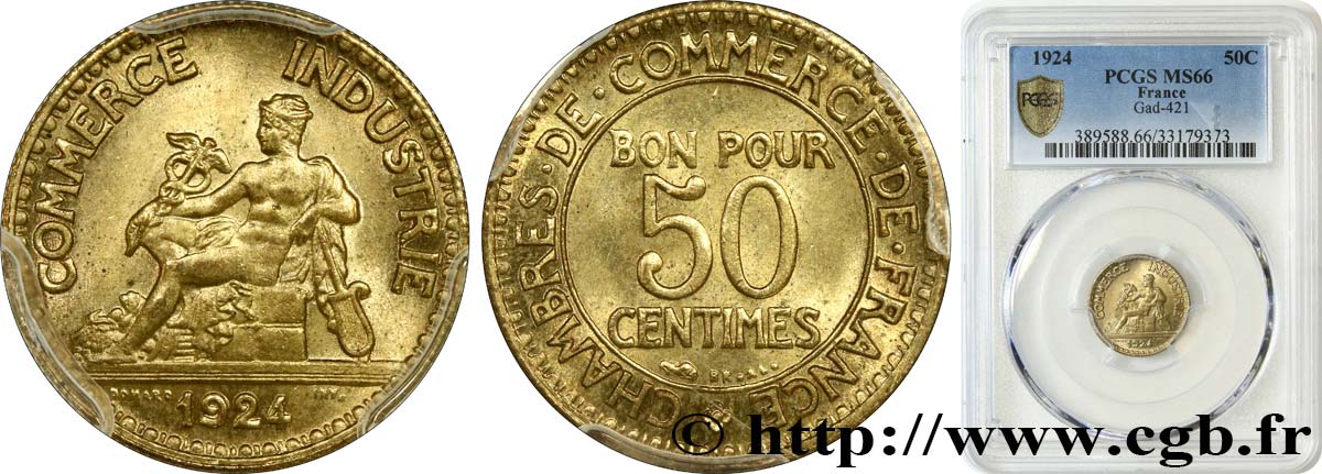 50 centimes Chambres de Commerce 1924 Paris F.191/6 MS66 PCGS