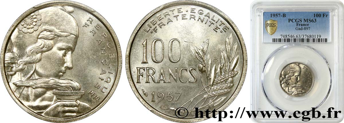 100 francs Cochet 1957 Beaumont-Le-Roger F.450/11 MS63 PCGS