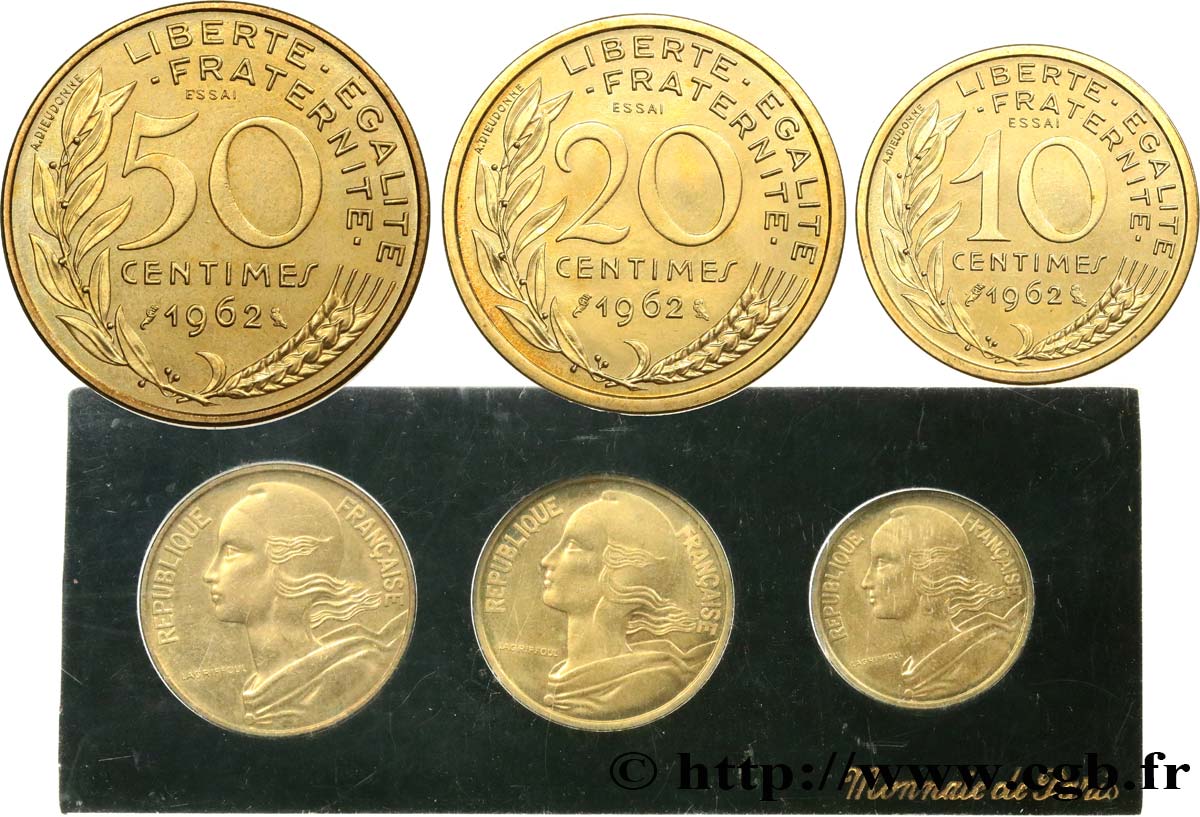 Boîte de 3 essais de 50, 20 et 10 centimes Lagriffoul/Dieudonné 1962 Paris F.144/1 EBC62 