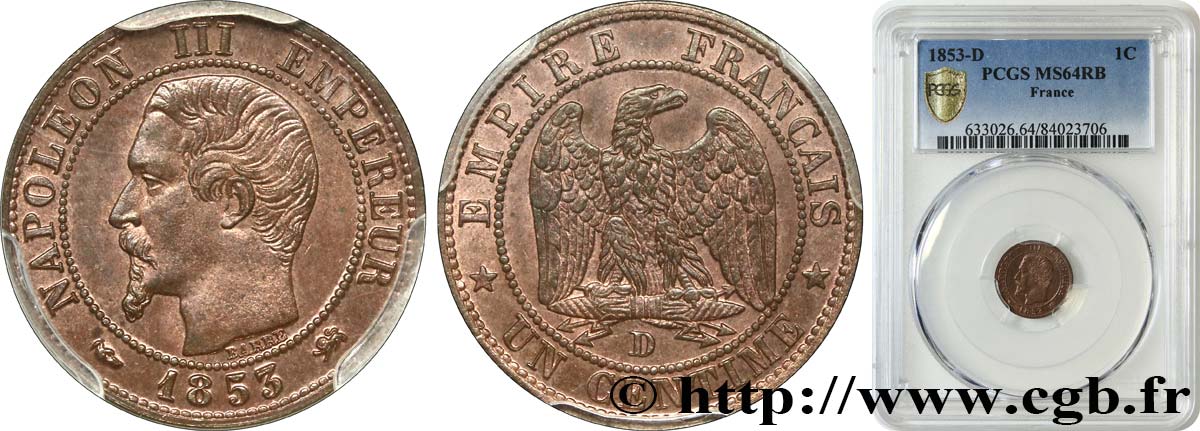 Un centime Napoléon III, tête nue 1853 Lyon F.102/4 SC64 PCGS