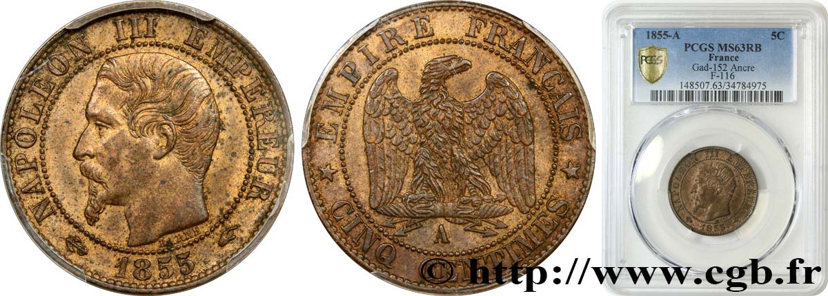 Cinq centimes Napoléon III, tête nue 1855 Paris F.116/17 fST63 PCGS
