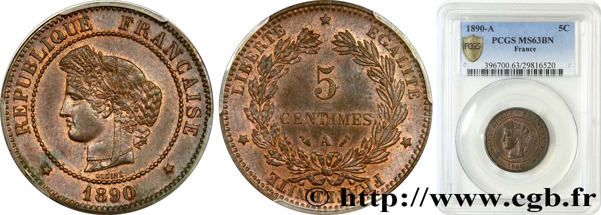 5 centimes Cérès 1890 Paris F.118/32 SPL63 PCGS