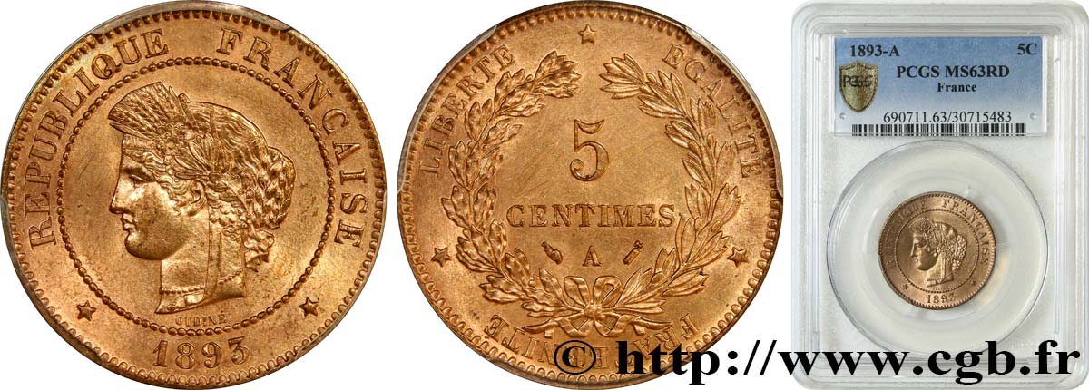 5 centimes Cérès 1893 Paris F.118/35 SPL63 PCGS