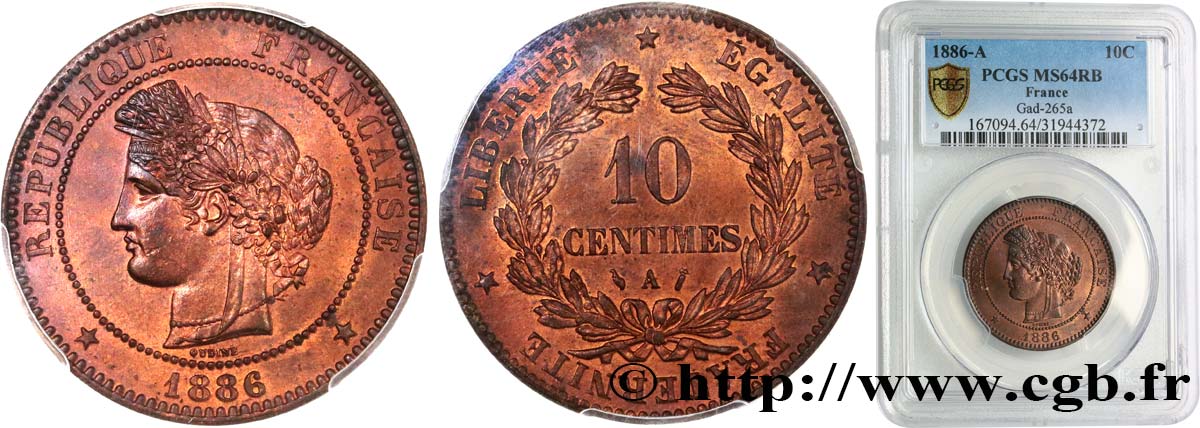 10 centimes Cérès 1886 Paris F.135/30 SC64 PCGS
