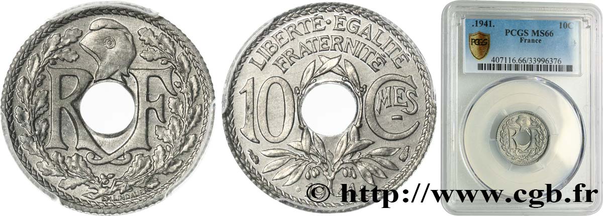 10 centimes Lindauer en zinc, Cmes souligné et millésime avec points 1941  F.140/2 MS66 PCGS