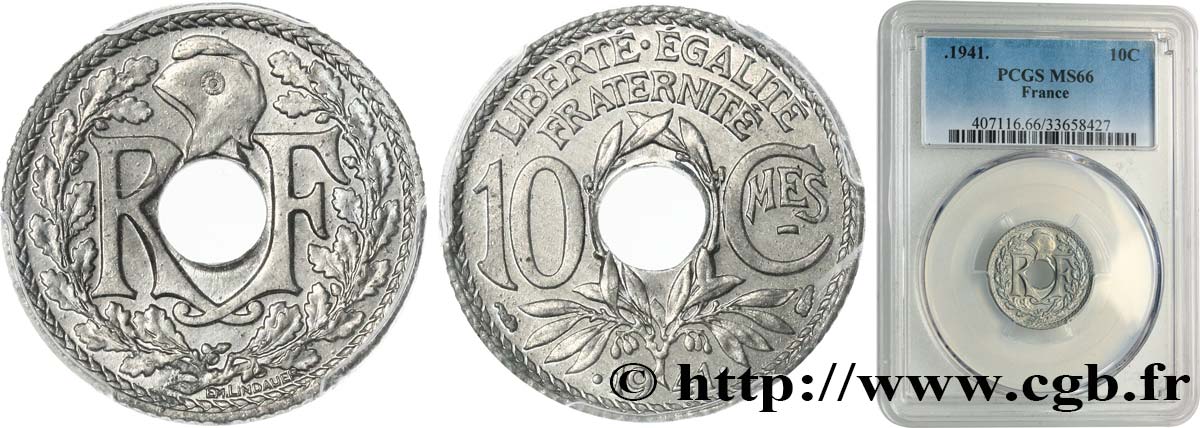 10 centimes Lindauer en zinc, Cmes souligné et millésime avec points 1941  F.140/2 FDC66 PCGS