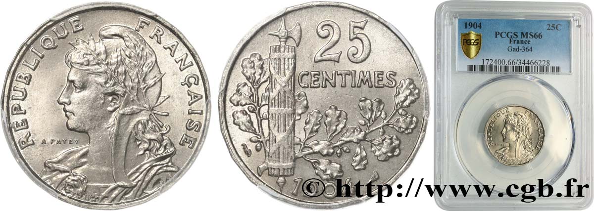 25 centimes Patey, 2e type 1904  F.169/2 MS66 PCGS