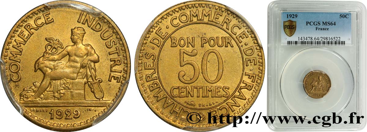 50 centimes Chambres de Commerce 1929  F.191/11 MS64 PCGS