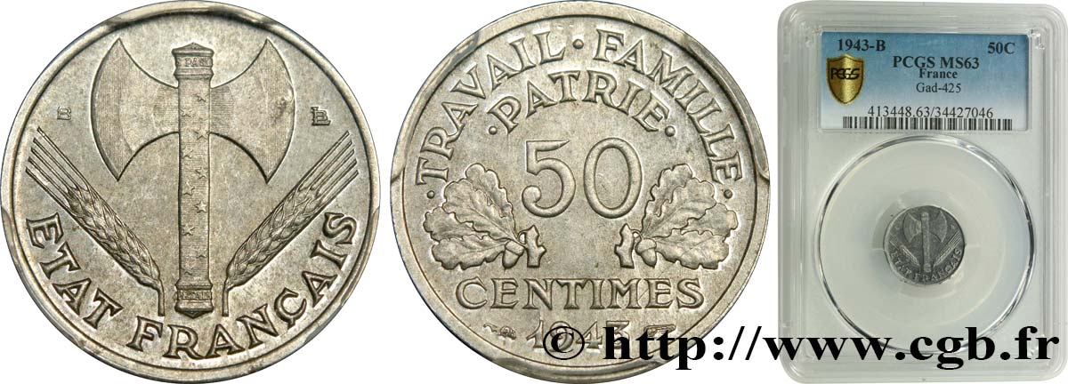50 centimes Francisque, légère 1943 Beaumont-Le-Roger F.196/2 SPL63 PCGS