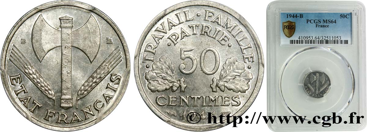 50 centimes Francisque, légère 1944 Beaumont-Le-Roger F.196/5 SC64 PCGS