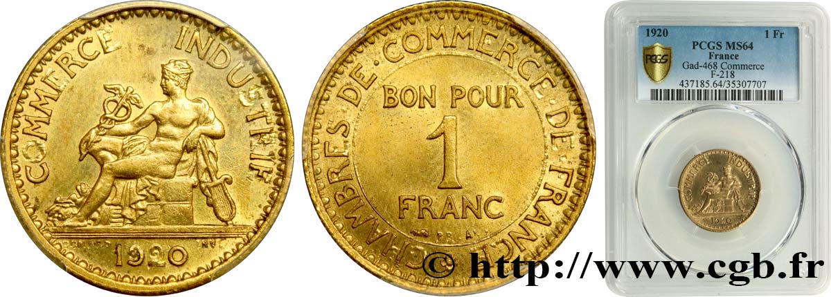 1 franc Chambres de Commerce 1920 Paris F.218/2 fST64 PCGS