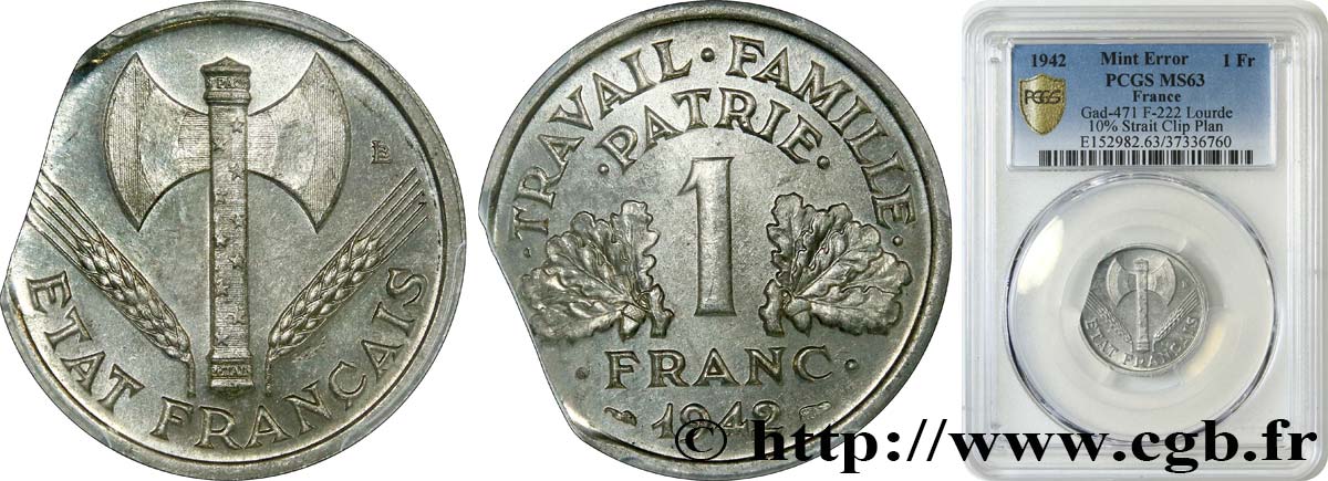 1 franc Francisque, lourde, Fautée flan clipé 1942  F.222/3 var. SC63 PCGS