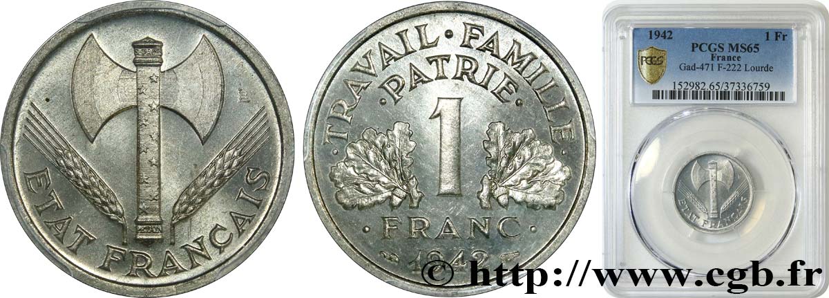 1 franc Francisque, lourde 1942  F.222/3 FDC65 PCGS