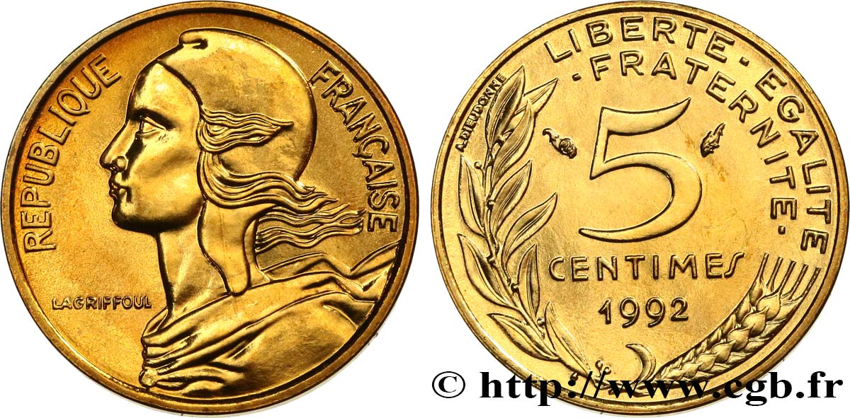 5 centimes Marianne, BU (Brillant Universel), frappe médaille 1992 Pessac F.125/31 ST 