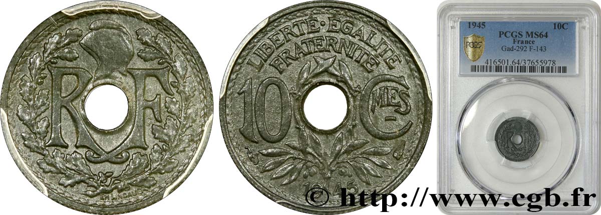 10 centimes Lindauer, petit module 1945  F.143/2 SPL64 PCGS