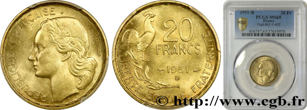 20 francs G. Guiraud 1951 Beaumont-Le-Roger F.402/8 ST65 PCGS