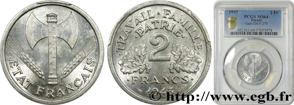 2 francs Francisque 1943  F.270/2 SC64 PCGS