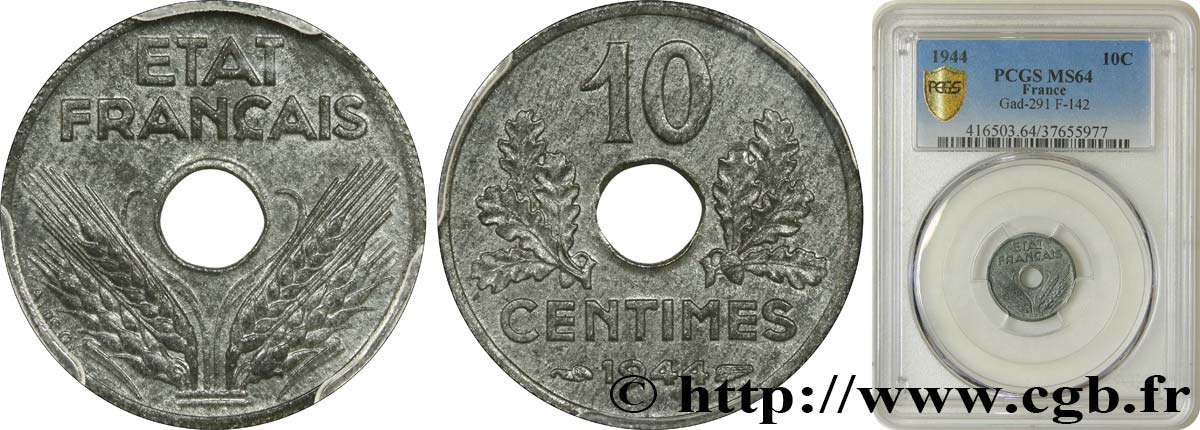 10 centimes État français, petit module 1944  F.142/3 SC64 PCGS